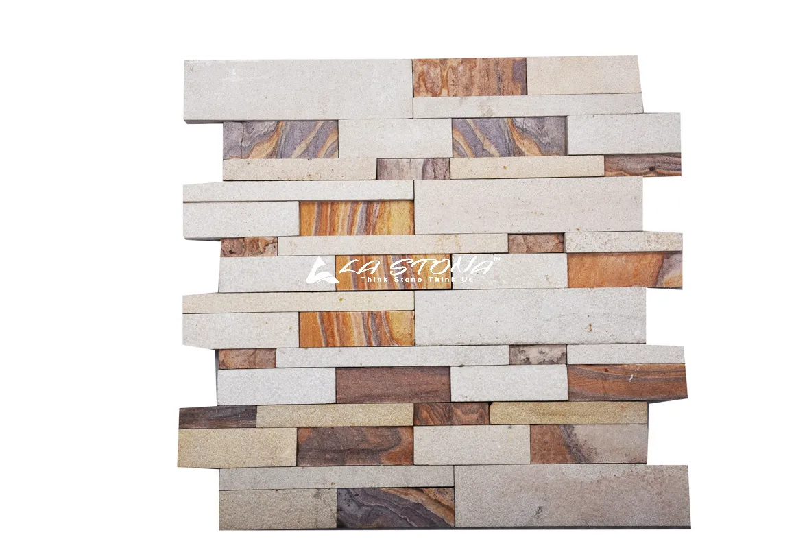 RUBY natural stone cladding with cream sandstone and multicoloured linear mosaic pattern