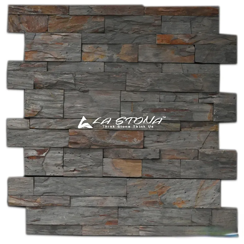 DARK LAVANZIA natural stacked stone cladding with slate grey tones and subtle copper highlights