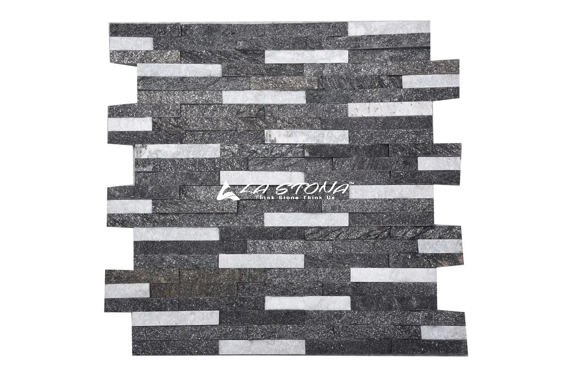 ICE SPARKLE natural stone cladding with charcoal black stone and contrasting white accent strips