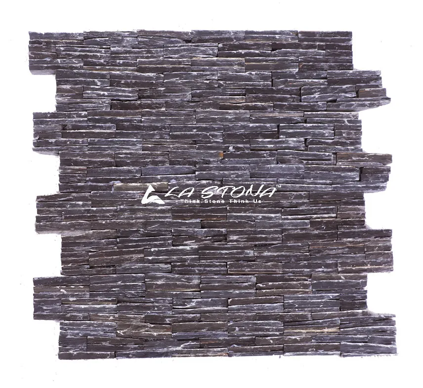 BLACK WATERFALLS dry stacked natural stone cladding with charcoal black and slate grey tones
