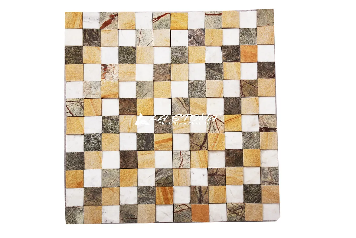 RETRO natural stone square mosaic with white marble, golden sandstone and earthy slate tones