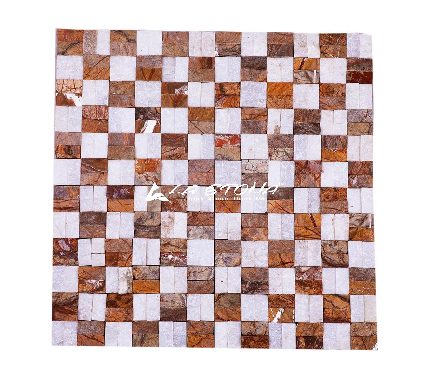 BROWN WHITE natural stone checkerboard mosaic with white marble and rust brown stone