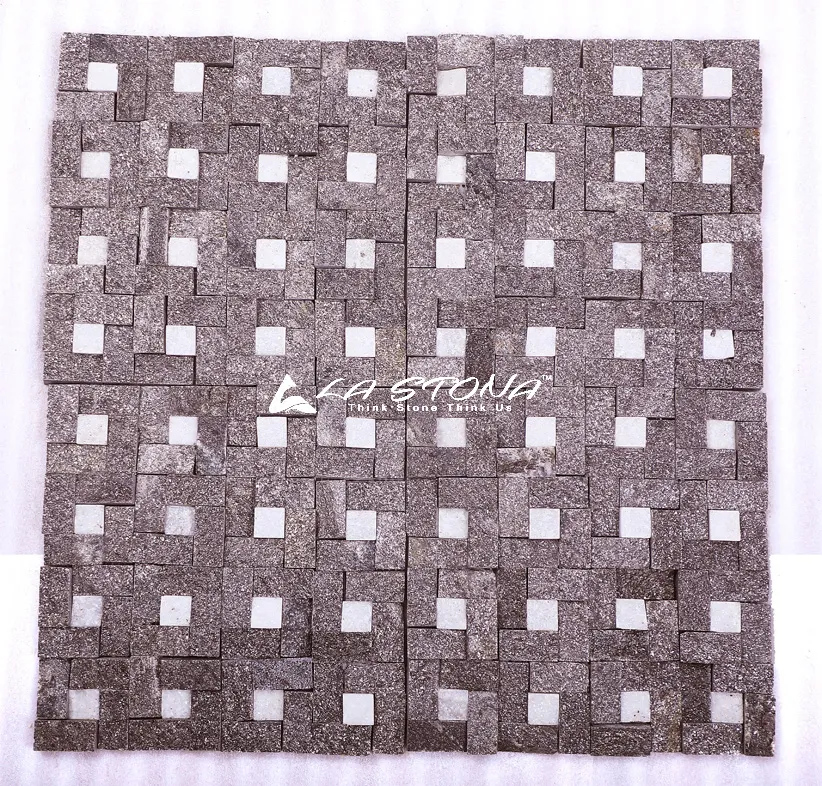 BLACK AND WHITE natural stone geometric mosaic with granite grey stone and white marble inlays