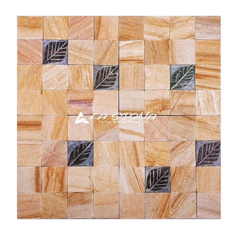 ROYAL EMRALD exclusive natural stone cladding with golden sandstone and engraved black leaf mosaic accents