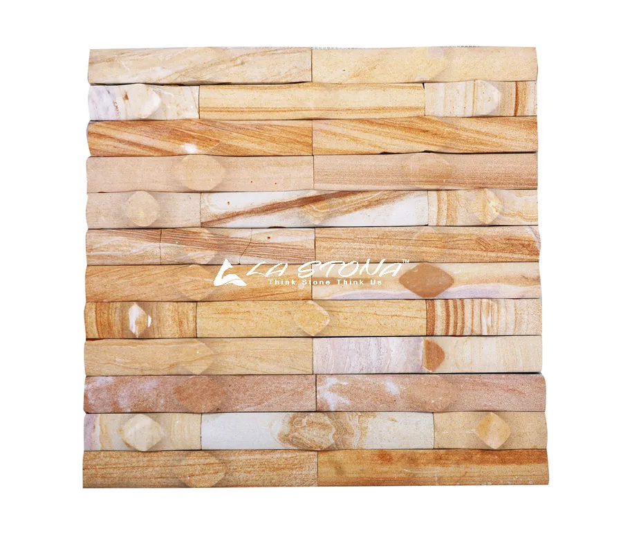 BAMBOOZA natural linear stacked stone cladding with warm golden sandstone veining
