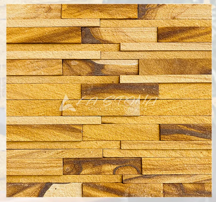 TEAK RUSTIK natural stone cladding with a 3D wood block pattern in warm teak brown tones