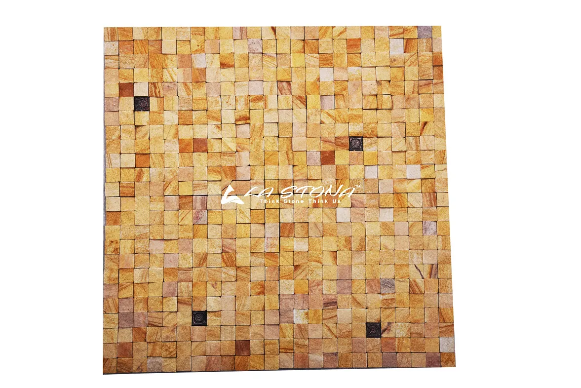 ISTRIA decorative 3D cube mosaic wall panel with golden sandstone cubes and bronze accent inserts