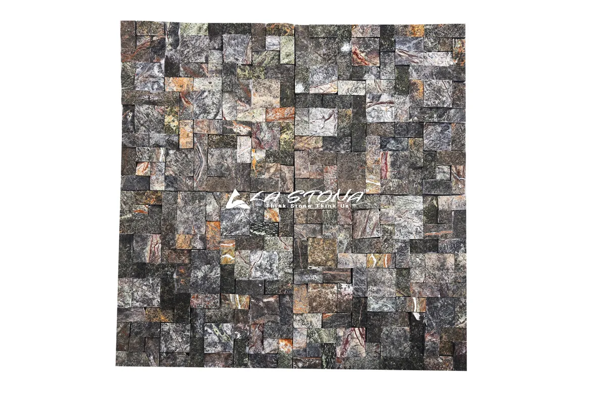 AMAZON GREEN natural stone cladding with forest green and charcoal tones in a random ashlar mosaic