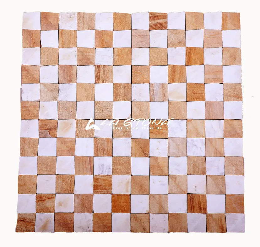 3D OAK exclusive checkerboard mosaic wall panel with oak sandstone and white marble squares