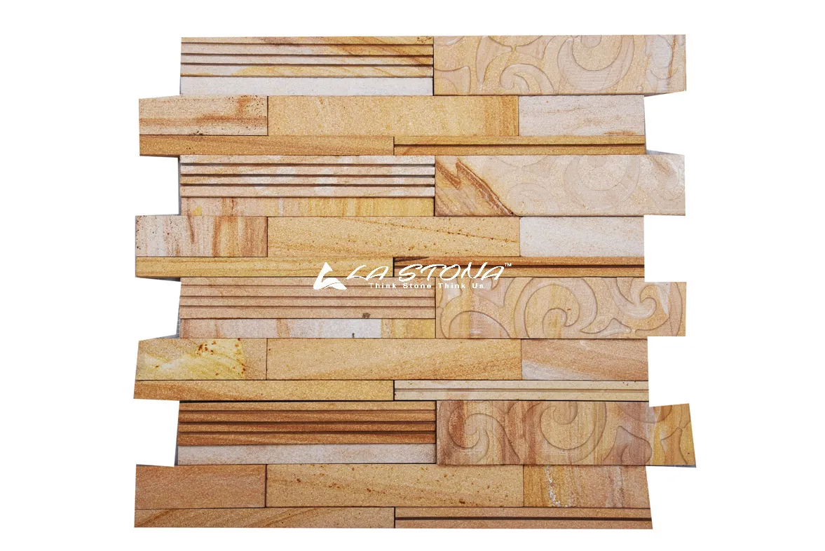 SPIRAL OAK exclusive decorative stone panel with engraved spiral motifs in warm golden sandstone tones