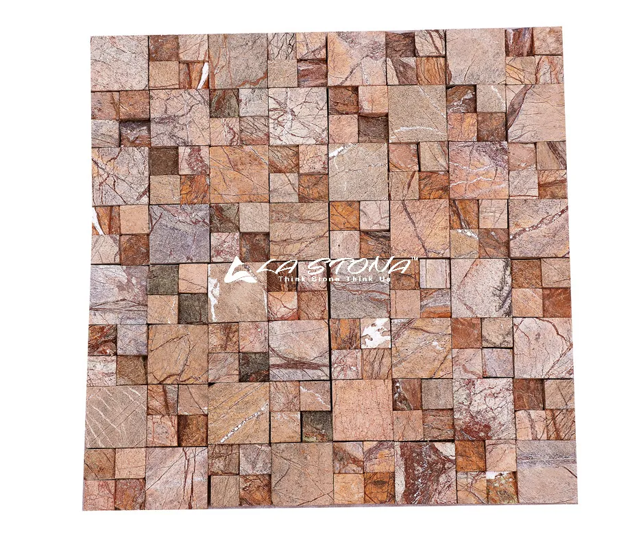 SABINE natural stone cladding with warm beige and taupe tones in a handcrafted random square mosaic