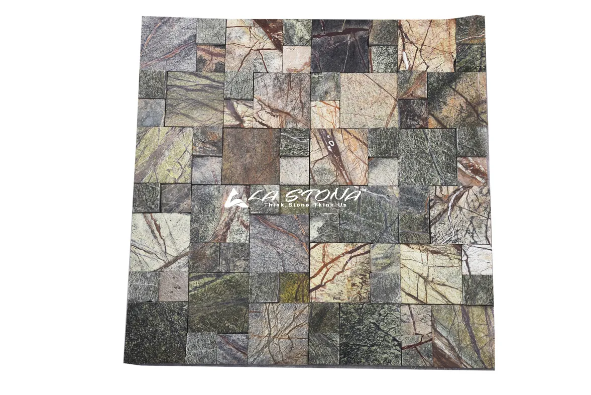 CASTEL ROCK natural stone cladding with forest green and slate grey tones in a handcrafted random ashlar mosaic