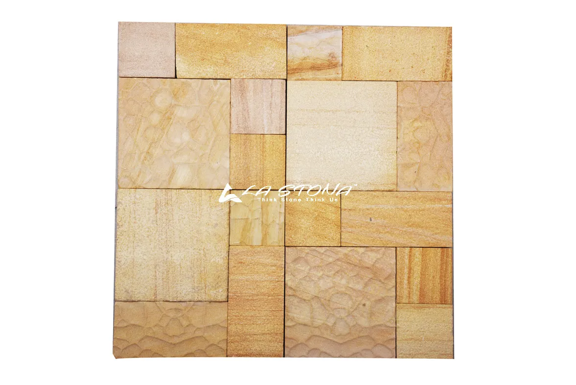 HONEY COMB exclusive decorative sandstone wall panel with textured honeycomb blocks in warm honey gold tones