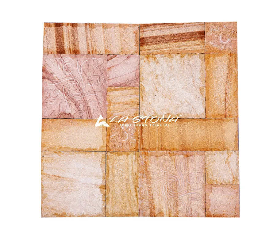 TITAN exclusive decorative sandstone wall panel with engraved floral motifs in warm golden tones