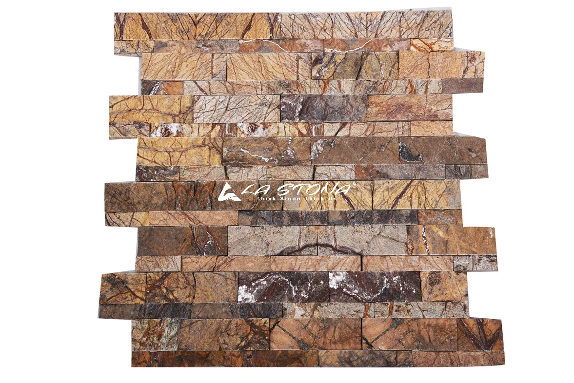 SAFARI BROWN natural stacked stone cladding with coffee brown and golden beige tones featuring dramatic natural veining