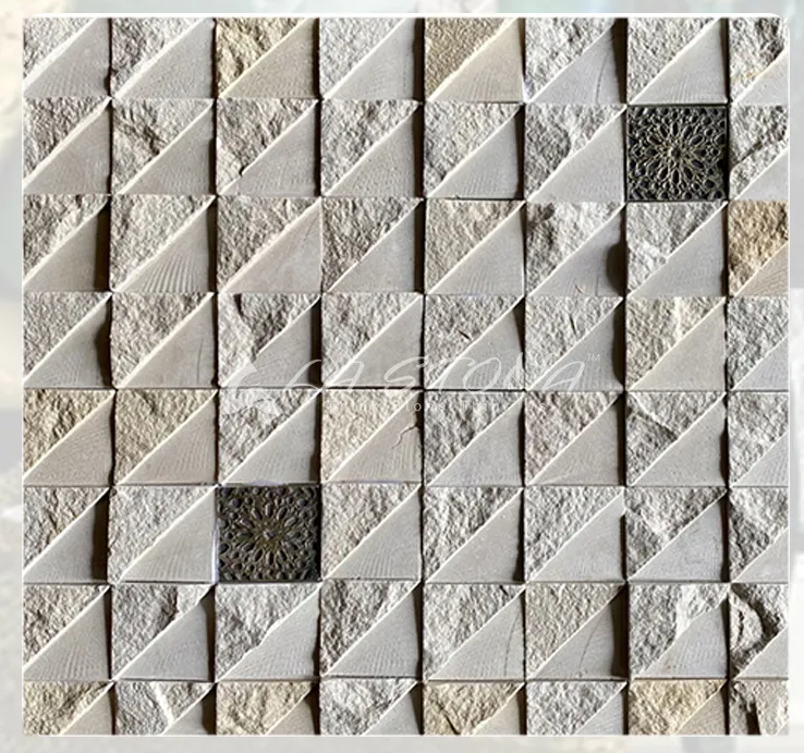 SPRING BEIGE decorative 3D geometric square mosaic wall panel in cream beige with charcoal metallic accents