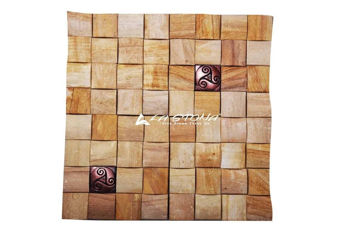 GOLDEN SHELL decorative 3D cube mosaic wall panel with golden sandstone blocks and bronze metallic accent inserts