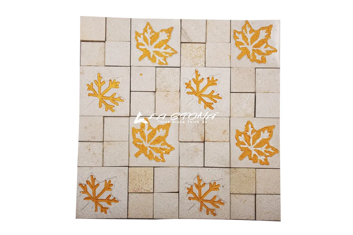 GOLDEN MAPLE exclusive decorative stone mosaic with golden maple leaf inlays on cream beige natural stone