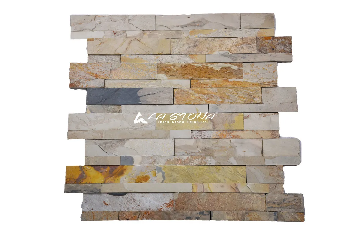 INDIAN BEIGE natural stacked stone cladding with cream beige and sandstone gold tones featuring authentic natural veining