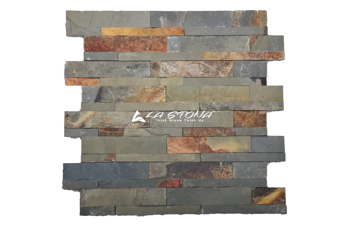 RUSTIC GREEN natural stacked stone cladding with olive green, slate grey and earthy rust tones in a split-face linear design