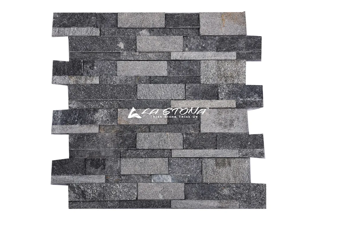 ORBIT BLACK natural stacked stone cladding with charcoal black and silver grey tones in a contemporary split-face linear design