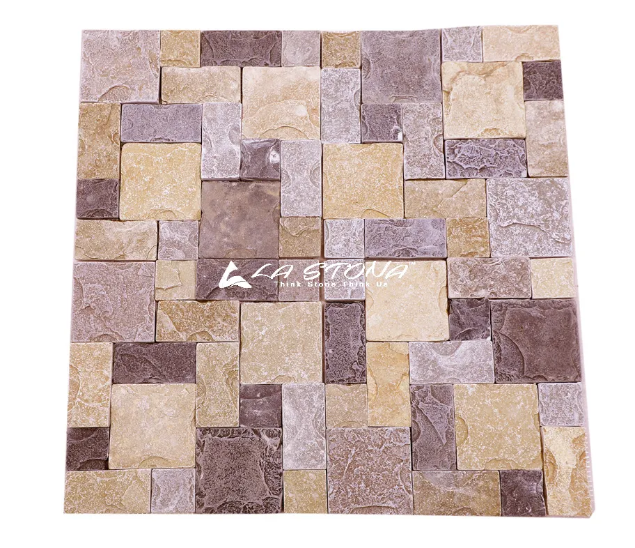 ROMAN GREEN natural stone cladding with random ashlar mosaic in cream, taupe and earthy brown tones